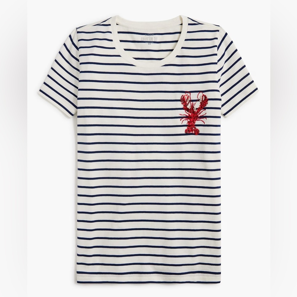 NWT J. Crew Cream & Navy Striped Short Sleeve Tee with Red Lobster 🦞